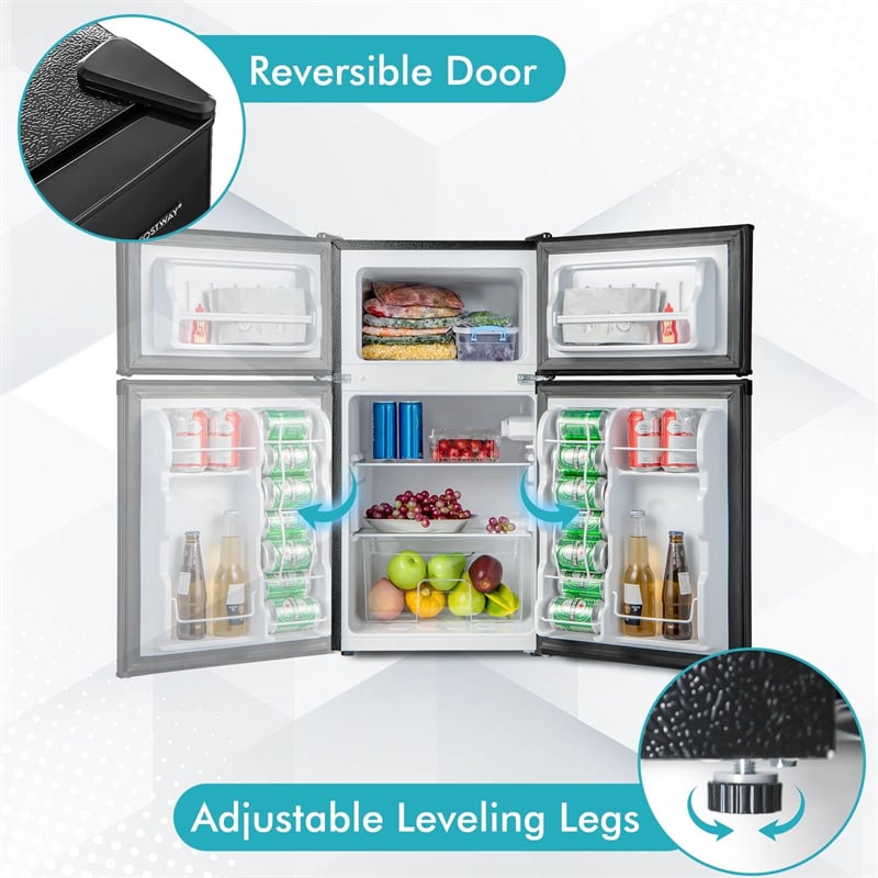 3.2 Cu.Ft Compact Refrigerator, Reversible 2-Door Mini Fridge with Freezer, Adjustable Temp & Removable Shelves for Dorm, Apartment, Office