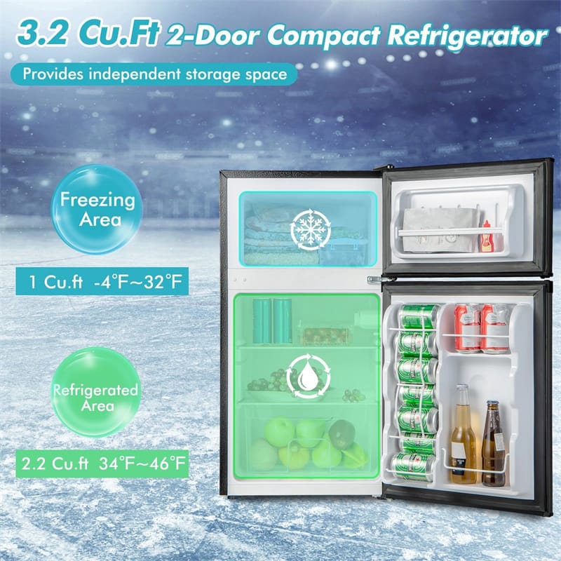 3.2 Cu.Ft Compact Refrigerator, Reversible 2-Door Mini Fridge with Freezer, Adjustable Temp & Removable Shelves for Dorm, Apartment, Office