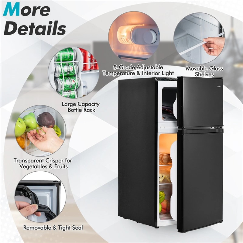 3.2 Cu.Ft Compact Refrigerator, Reversible 2-Door Mini Fridge with Freezer, Adjustable Temp & Removable Shelves for Dorm, Apartment, Office