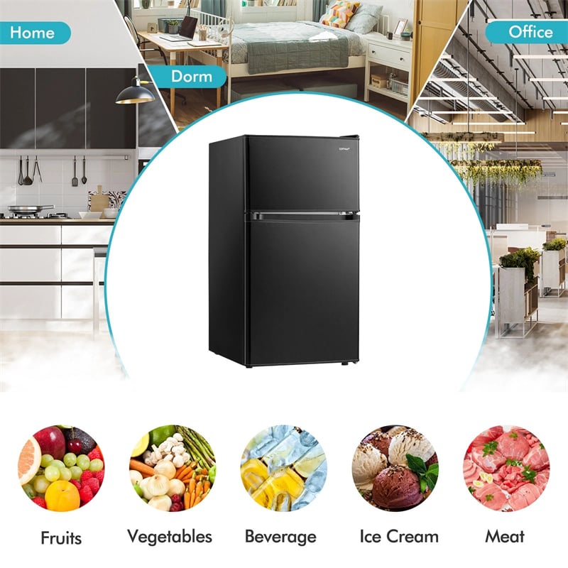 3.2 Cu.Ft Compact Refrigerator, Reversible 2-Door Mini Fridge with Freezer, Adjustable Temp & Removable Shelves for Dorm, Apartment, Office