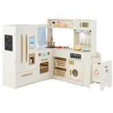 Corner Kids Kitchen Playset with Trash Can, Real Lights & Sounds, 2-Door Fridge, 22 Accessories, Wooden Pretend Play Kitchen for Toddlers 3+