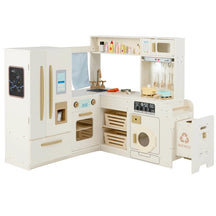 Corner Kids Kitchen Playset with Trash Can, Real Lights & Sounds, 2-Door Fridge, 22 Accessories, Wooden Pretend Play Kitchen for Toddlers 3+