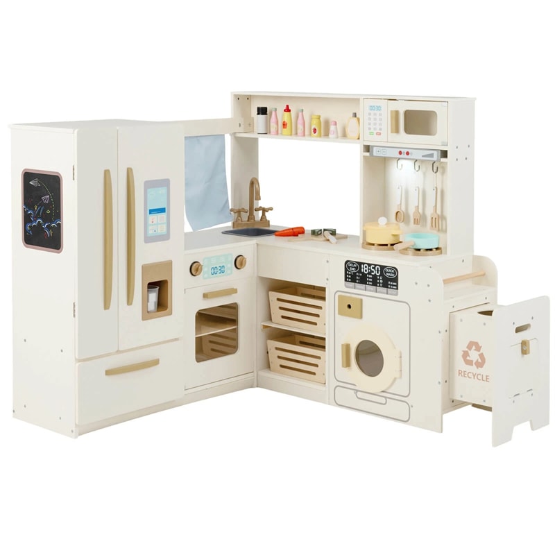 Corner Kids Kitchen Playset with Trash Can, Real Lights & Sounds, 2-Door Fridge, 22 Accessories, Wooden Pretend Play Kitchen for Toddlers 3+