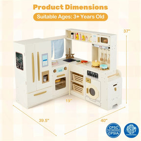 Corner Kids Kitchen Playset with Trash Can, Real Lights & Sounds, 2-Door Fridge, 22 Accessories, Wooden Pretend Play Kitchen for Toddlers 3+