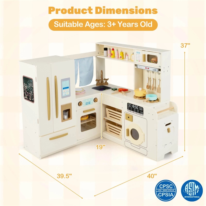 Corner Kids Kitchen Playset with Trash Can, Real Lights & Sounds, 2-Door Fridge, 22 Accessories, Wooden Pretend Play Kitchen for Toddlers 3+