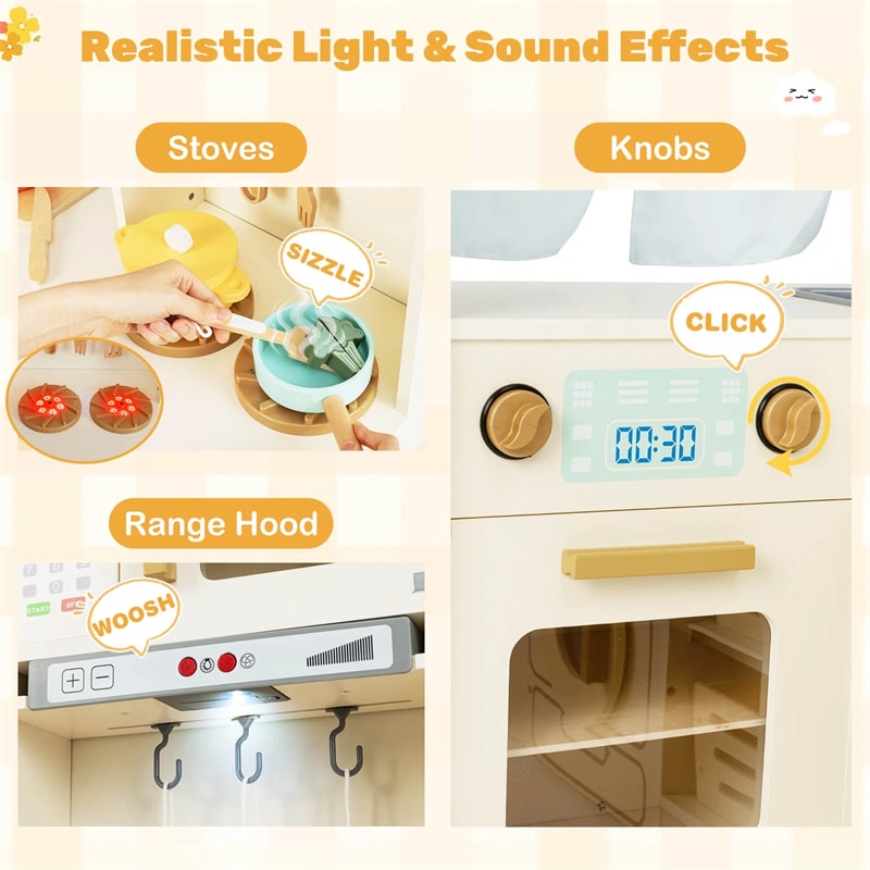 Corner Kids Kitchen Playset with Trash Can, Real Lights & Sounds, 2-Door Fridge, 22 Accessories, Wooden Pretend Play Kitchen for Toddlers 3+