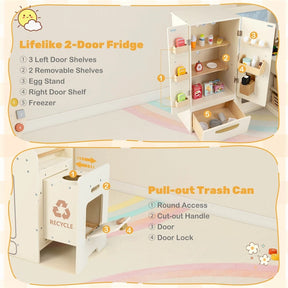 Corner Kids Kitchen Playset with Trash Can, Real Lights & Sounds, 2-Door Fridge, 22 Accessories, Wooden Pretend Play Kitchen for Toddlers 3+
