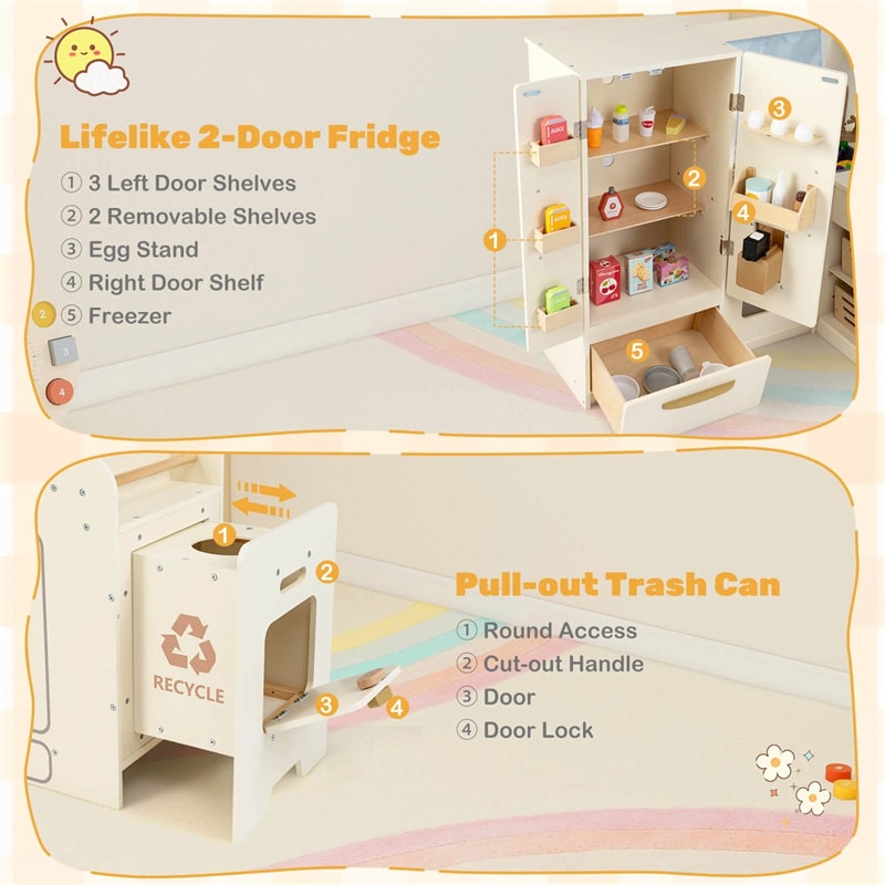 Corner Kids Kitchen Playset with Trash Can, Real Lights & Sounds, 2-Door Fridge, 22 Accessories, Wooden Pretend Play Kitchen for Toddlers 3+