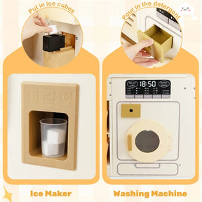 Corner Kids Kitchen Playset with Trash Can, Real Lights & Sounds, 2-Door Fridge, 22 Accessories, Wooden Pretend Play Kitchen for Toddlers 3+