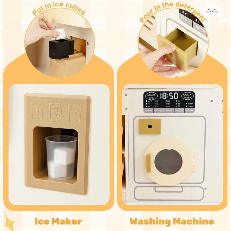 Corner Kids Kitchen Playset with Trash Can, Real Lights & Sounds, 2-Door Fridge, 22 Accessories, Wooden Pretend Play Kitchen for Toddlers 3+