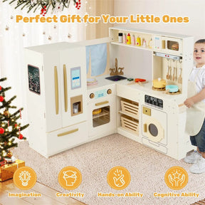 Corner Kids Kitchen Playset with Trash Can, Real Lights & Sounds, 2-Door Fridge, 22 Accessories, Wooden Pretend Play Kitchen for Toddlers 3+