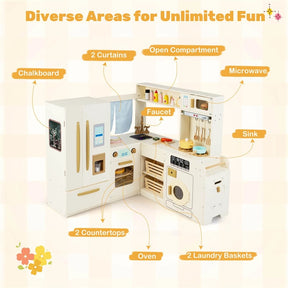 Corner Kids Kitchen Playset with Trash Can, Real Lights & Sounds, 2-Door Fridge, 22 Accessories, Wooden Pretend Play Kitchen for Toddlers 3+