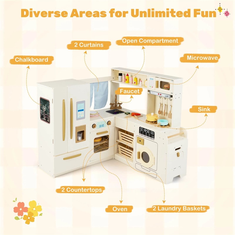 Corner Kids Kitchen Playset with Trash Can, Real Lights & Sounds, 2-Door Fridge, 22 Accessories, Wooden Pretend Play Kitchen for Toddlers 3+