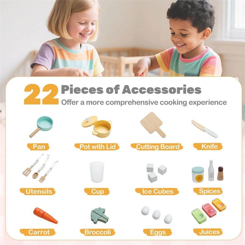 Corner Kids Kitchen Playset with Trash Can, Real Lights & Sounds, 2-Door Fridge, 22 Accessories, Wooden Pretend Play Kitchen for Toddlers 3+