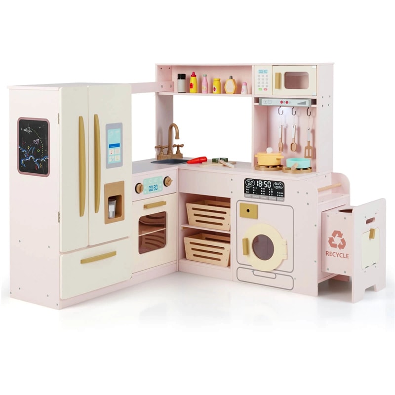 Corner Kids Kitchen Playset with Trash Can, Real Lights & Sounds, 2-Door Fridge, 22 Accessories, Wooden Pretend Play Kitchen for Toddlers 3+