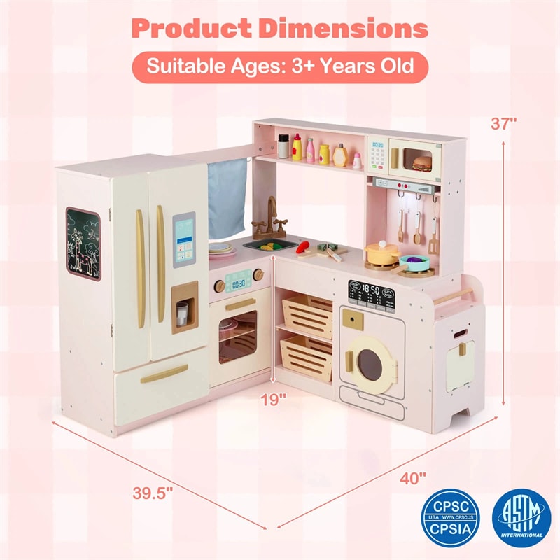 Corner Kids Kitchen Playset with Trash Can, Real Lights & Sounds, 2-Door Fridge, 22 Accessories, Wooden Pretend Play Kitchen for Toddlers 3+