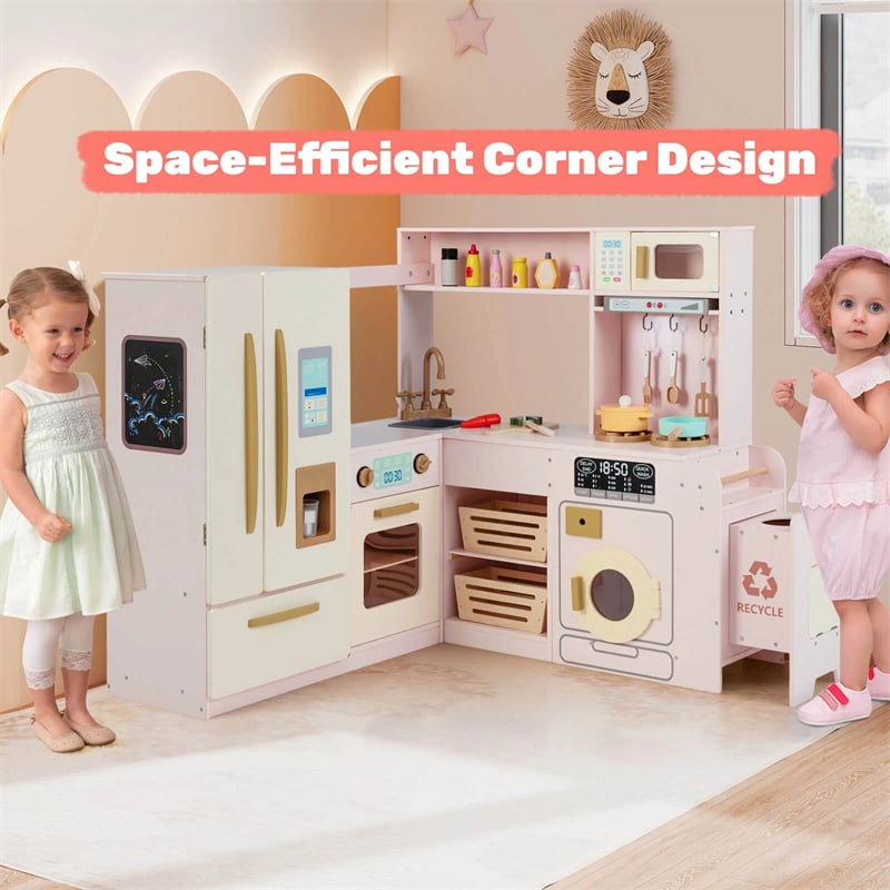 Corner Kids Kitchen Playset with Trash Can, Real Lights & Sounds, 2-Door Fridge, 22 Accessories, Wooden Pretend Play Kitchen for Toddlers 3+