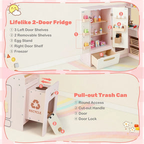 Corner Kids Kitchen Playset with Trash Can, Real Lights & Sounds, 2-Door Fridge, 22 Accessories, Wooden Pretend Play Kitchen for Toddlers 3+