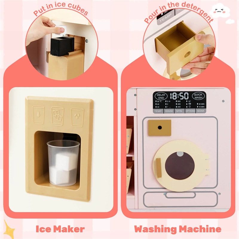 Corner Kids Kitchen Playset with Trash Can, Real Lights & Sounds, 2-Door Fridge, 22 Accessories, Wooden Pretend Play Kitchen for Toddlers 3+