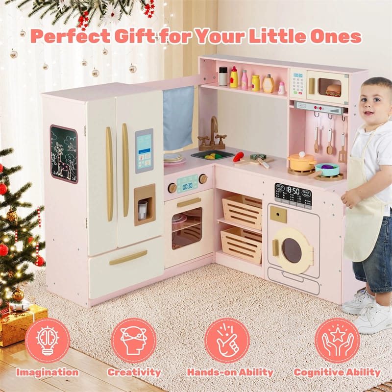 Corner Kids Kitchen Playset with Trash Can, Real Lights & Sounds, 2-Door Fridge, 22 Accessories, Wooden Pretend Play Kitchen for Toddlers 3+