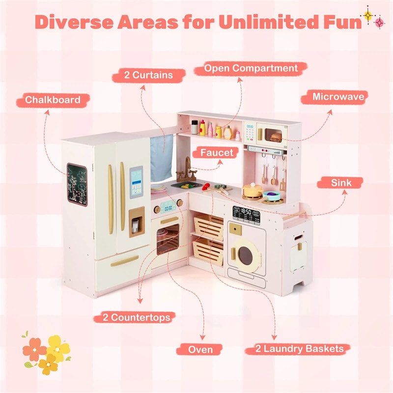 Corner Kids Kitchen Playset with Trash Can, Real Lights & Sounds, 2-Door Fridge, 22 Accessories, Wooden Pretend Play Kitchen for Toddlers 3+