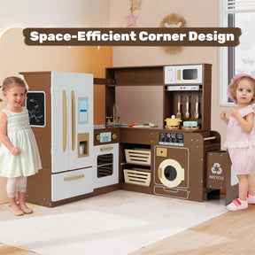 Corner Kids Kitchen Playset with Trash Can, Real Lights & Sounds, 2-Door Fridge, 22 Accessories, Wooden Pretend Play Kitchen for Toddlers 3+