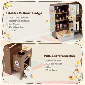 Corner Kids Kitchen Playset with Trash Can, Real Lights & Sounds, 2-Door Fridge, 22 Accessories, Wooden Pretend Play Kitchen for Toddlers 3+