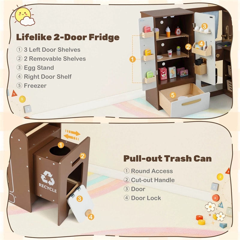 Corner Kids Kitchen Playset with Trash Can, Real Lights & Sounds, 2-Door Fridge, 22 Accessories, Wooden Pretend Play Kitchen for Toddlers 3+