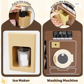Corner Kids Kitchen Playset with Trash Can, Real Lights & Sounds, 2-Door Fridge, 22 Accessories, Wooden Pretend Play Kitchen for Toddlers 3+
