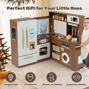 Corner Kids Kitchen Playset with Trash Can, Real Lights & Sounds, 2-Door Fridge, 22 Accessories, Wooden Pretend Play Kitchen for Toddlers 3+