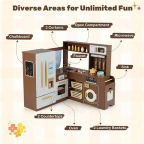 Corner Kids Kitchen Playset with Trash Can, Real Lights & Sounds, 2-Door Fridge, 22 Accessories, Wooden Pretend Play Kitchen for Toddlers 3+