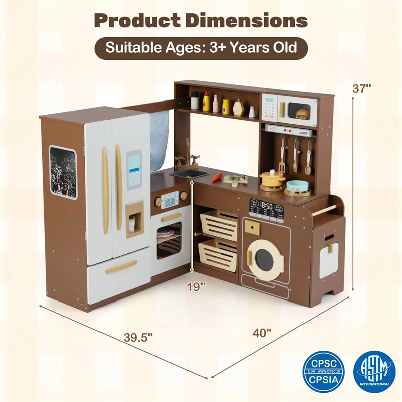 Corner Kids Kitchen Playset with Trash Can, Real Lights & Sounds, 2-Door Fridge, 22 Accessories, Wooden Pretend Play Kitchen for Toddlers 3+