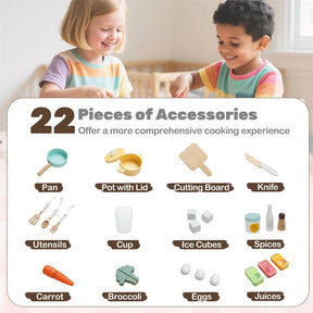 Corner Kids Kitchen Playset with Trash Can, Real Lights & Sounds, 2-Door Fridge, 22 Accessories, Wooden Pretend Play Kitchen for Toddlers 3+
