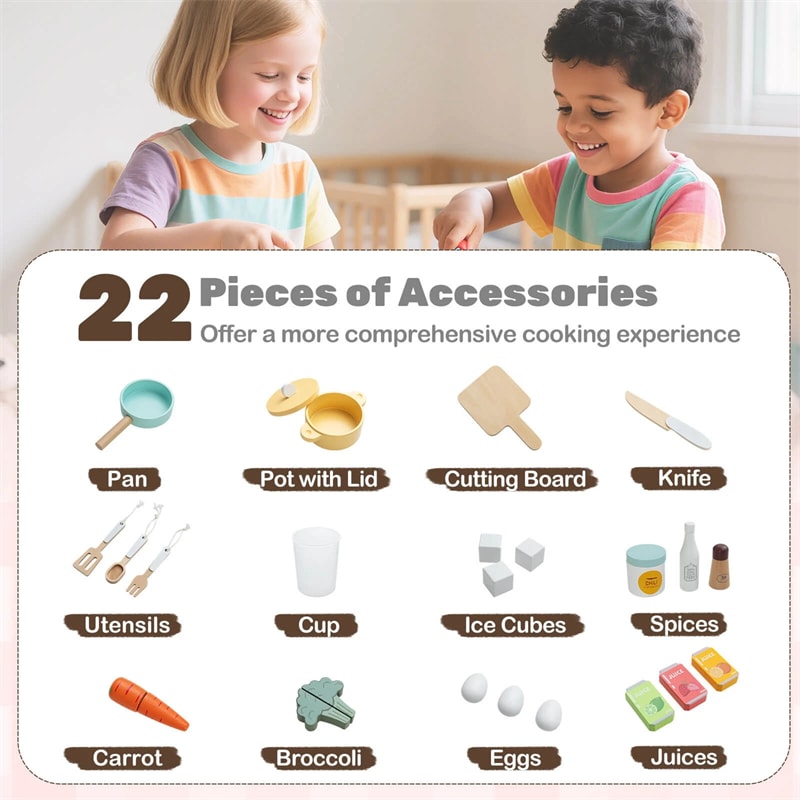 Corner Kids Kitchen Playset with Trash Can, Real Lights & Sounds, 2-Door Fridge, 22 Accessories, Wooden Pretend Play Kitchen for Toddlers 3+