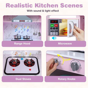 Corner Wooden Kids Kitchen Playset, Little Chef Pretend Toy Kitchen Set w/ Microwave, Range Hood, Washing Basin, Lights & Sounds for Toddlers