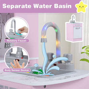 Corner Wooden Kids Kitchen Playset, Little Chef Pretend Toy Kitchen Set w/ Microwave, Range Hood, Washing Basin, Lights & Sounds for Toddlers