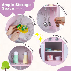 Corner Wooden Kids Kitchen Playset, Little Chef Pretend Toy Kitchen Set w/ Microwave, Range Hood, Washing Basin, Lights & Sounds for Toddlers