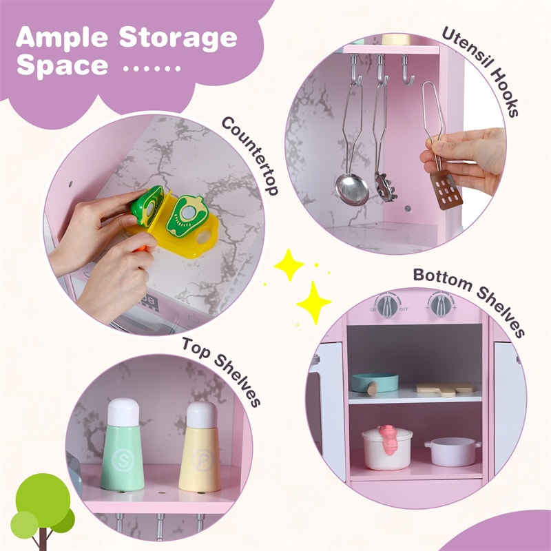 Corner Wooden Kids Kitchen Playset, Little Chef Pretend Toy Kitchen Set w/ Microwave, Range Hood, Washing Basin, Lights & Sounds for Toddlers