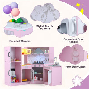 Corner Wooden Kids Kitchen Playset, Little Chef Pretend Toy Kitchen Set w/ Microwave, Range Hood, Washing Basin, Lights & Sounds for Toddlers