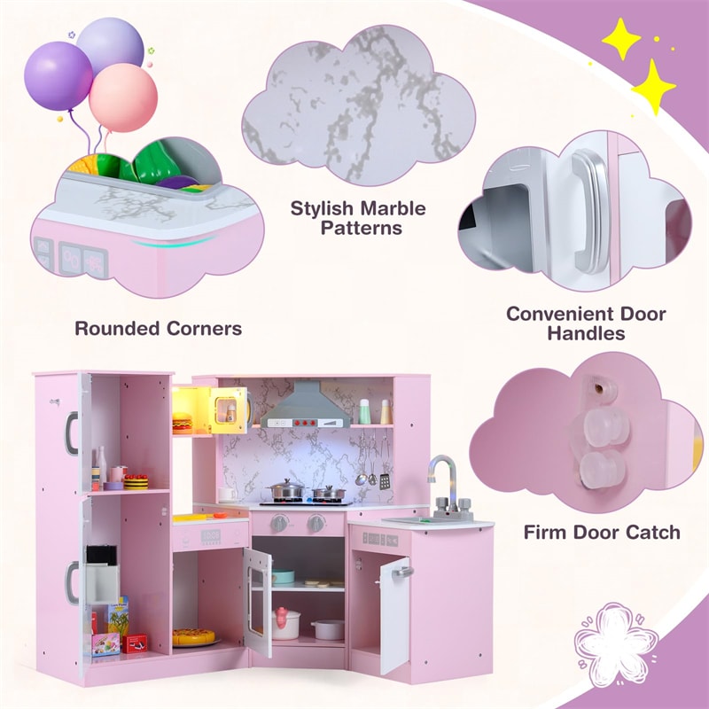 Corner Wooden Kids Kitchen Playset, Little Chef Pretend Toy Kitchen Set w/ Microwave, Range Hood, Washing Basin, Lights & Sounds for Toddlers