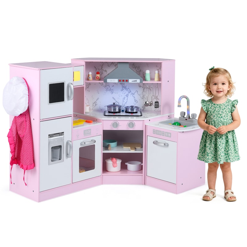 Corner Wooden Kids Kitchen Playset, Little Chef Pretend Toy Kitchen Set w/ Microwave, Range Hood, Washing Basin, Lights & Sounds for Toddlers