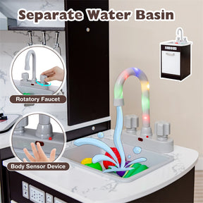 Corner Wooden Kids Kitchen Playset, Little Chef Pretend Toy Kitchen Set w/ Microwave, Range Hood, Washing Basin, Lights & Sounds for Toddlers