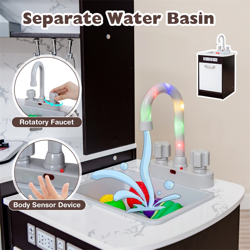 Corner Wooden Kids Kitchen Playset, Little Chef Pretend Toy Kitchen Set w/ Microwave, Range Hood, Washing Basin, Lights & Sounds for Toddlers