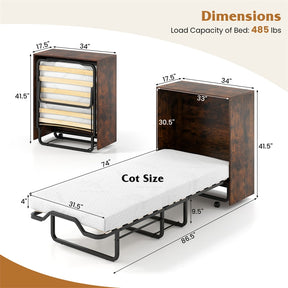 Cot Size Murphy Bed Cabinet with Mattress, 74"x31" Fold-Down Bed with Storage, Lockable Wheels & Metal Frame for Adults, Guests