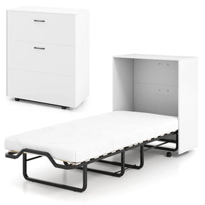 Cot Size Murphy Cabinet Bed with Mattress, 2-in-1 Folding Rollaway Guest Bed into Storage Cabinet with Lockable Wheels for Home Office