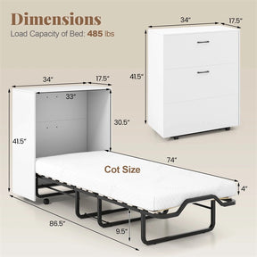 Cot Size Murphy Cabinet Bed with Mattress, 2-in-1 Folding Rollaway Guest Bed into Storage Cabinet with Lockable Wheels for Home Office