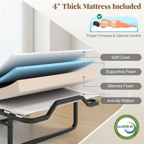 Cot Size Murphy Cabinet Bed with Mattress, 2-in-1 Folding Rollaway Guest Bed into Storage Cabinet with Lockable Wheels for Home Office