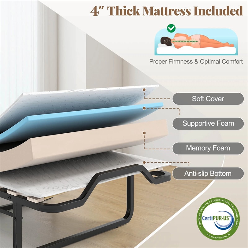 Cot Size Murphy Cabinet Bed with Mattress, 2-in-1 Folding Rollaway Guest Bed into Storage Cabinet with Lockable Wheels for Home Office