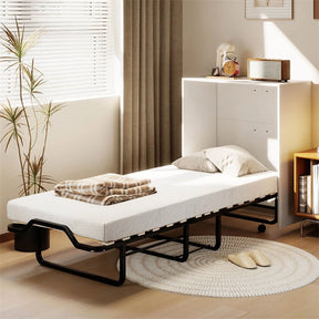 Cot Size Murphy Cabinet Bed with Mattress, 2-in-1 Folding Rollaway Guest Bed into Storage Cabinet with Lockable Wheels for Home Office