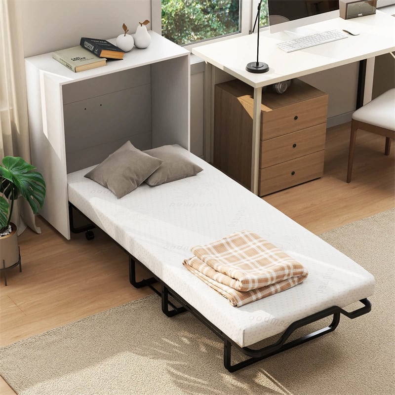 Cot Size Murphy Cabinet Bed with Mattress, 2-in-1 Folding Rollaway Guest Bed into Storage Cabinet with Lockable Wheels for Home Office
